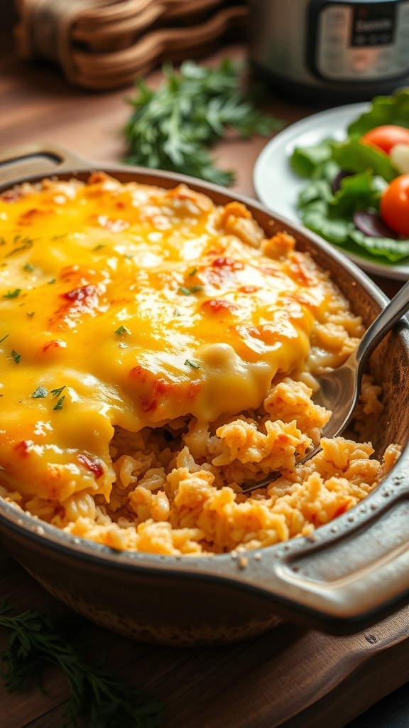 A cheesy chicken and rice casserole in a rustic dish, topped with melted cheese, served with a spoon.